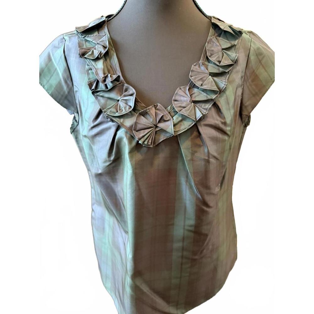 Talbots NWOT Plaid Silk Ruffled Blouse -Size 4-Navy Blue & Green Plaid
